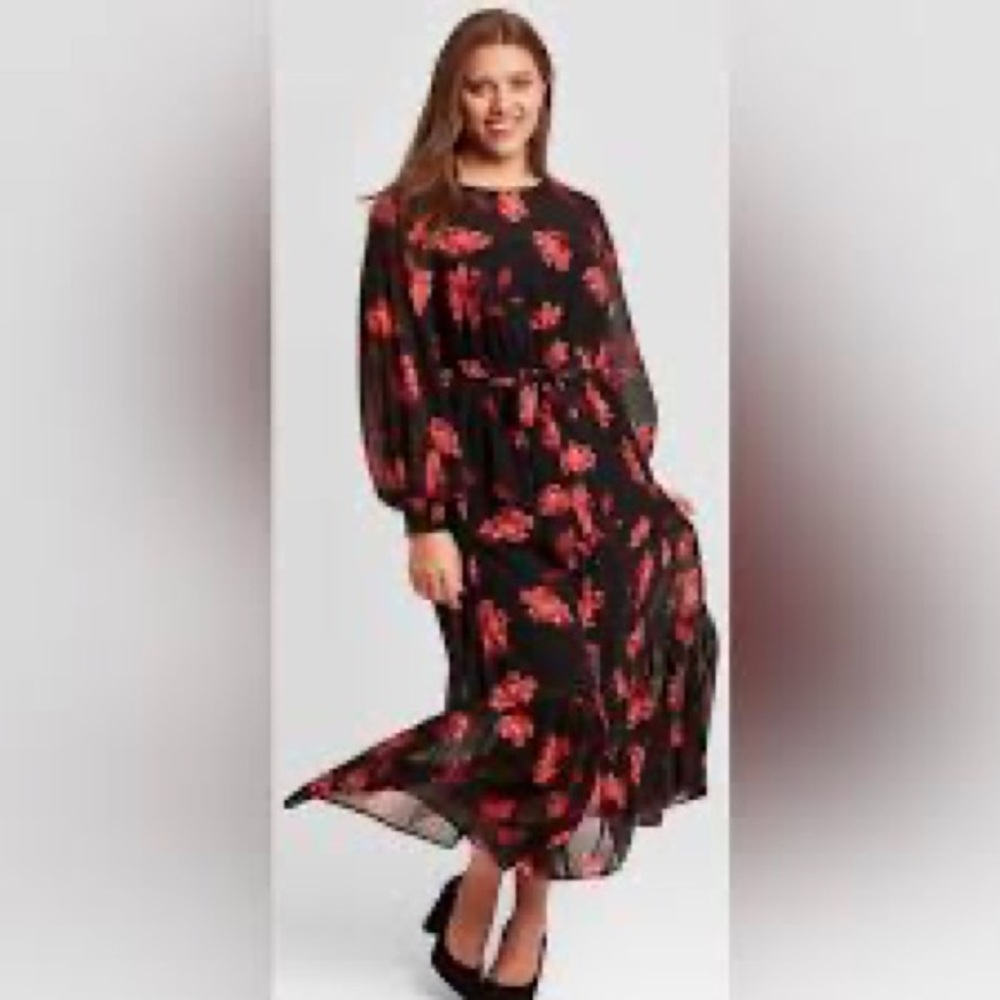 Ava & Viv Black Chiffon Dress with Red Getanium Floral Design 1X